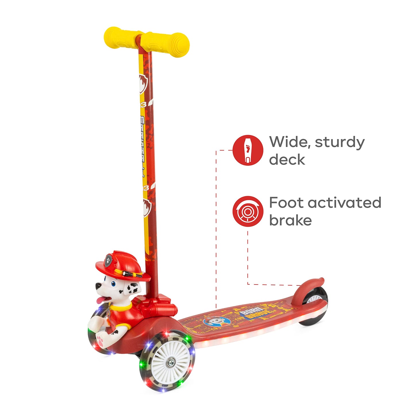 Paw Patrol Marshall Kick Scooter for Kids, Self-Balancing 3 Wheeled Light Up Scooter with Extra Wide Anti-Slip Deck, Rear Brake, Lean to Steer, Lightweight Design, for Ages 3 and up, 75 LB Limit