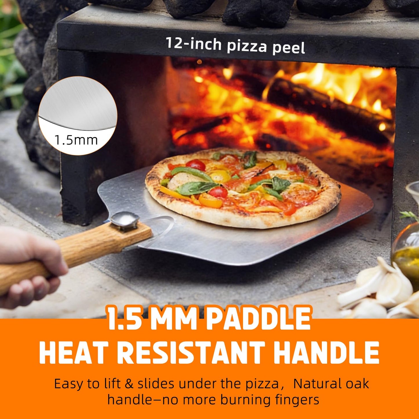 Pizza Peel and Pan Set, 6 Piece Pizza Oven Accessories, 12 Inch Metal Pizza Paddle with Foldable Wooden Handle, 8 Inch Metal Peel, Rocker Cutter, Server, Stainless Steel Plates and Tongs