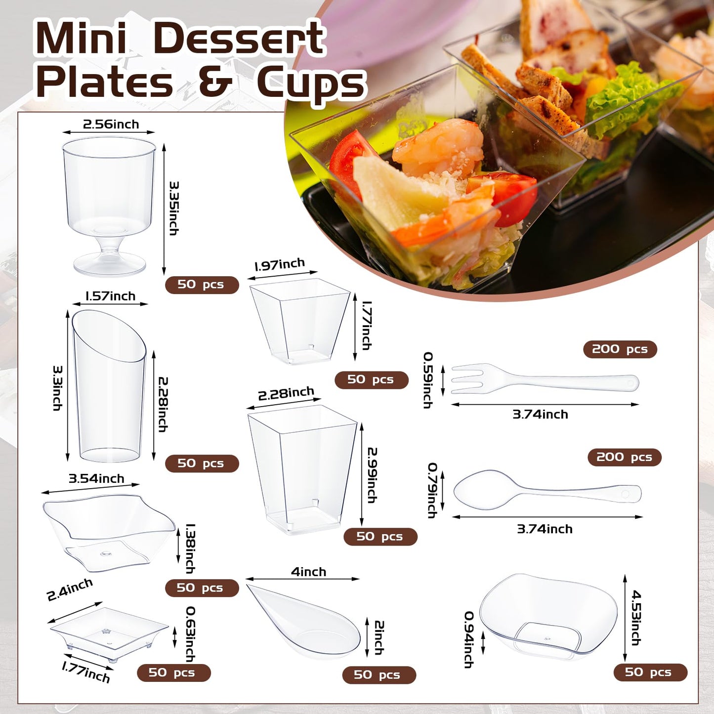 Tessco for you 800 Pcs Mini Appetizer Plates Dessert Cups Spoons Forks Set Dessert Containers Assorted Shape Plastic Parfait Cups Disposable Spoon Forks for Party Serving (Clear)