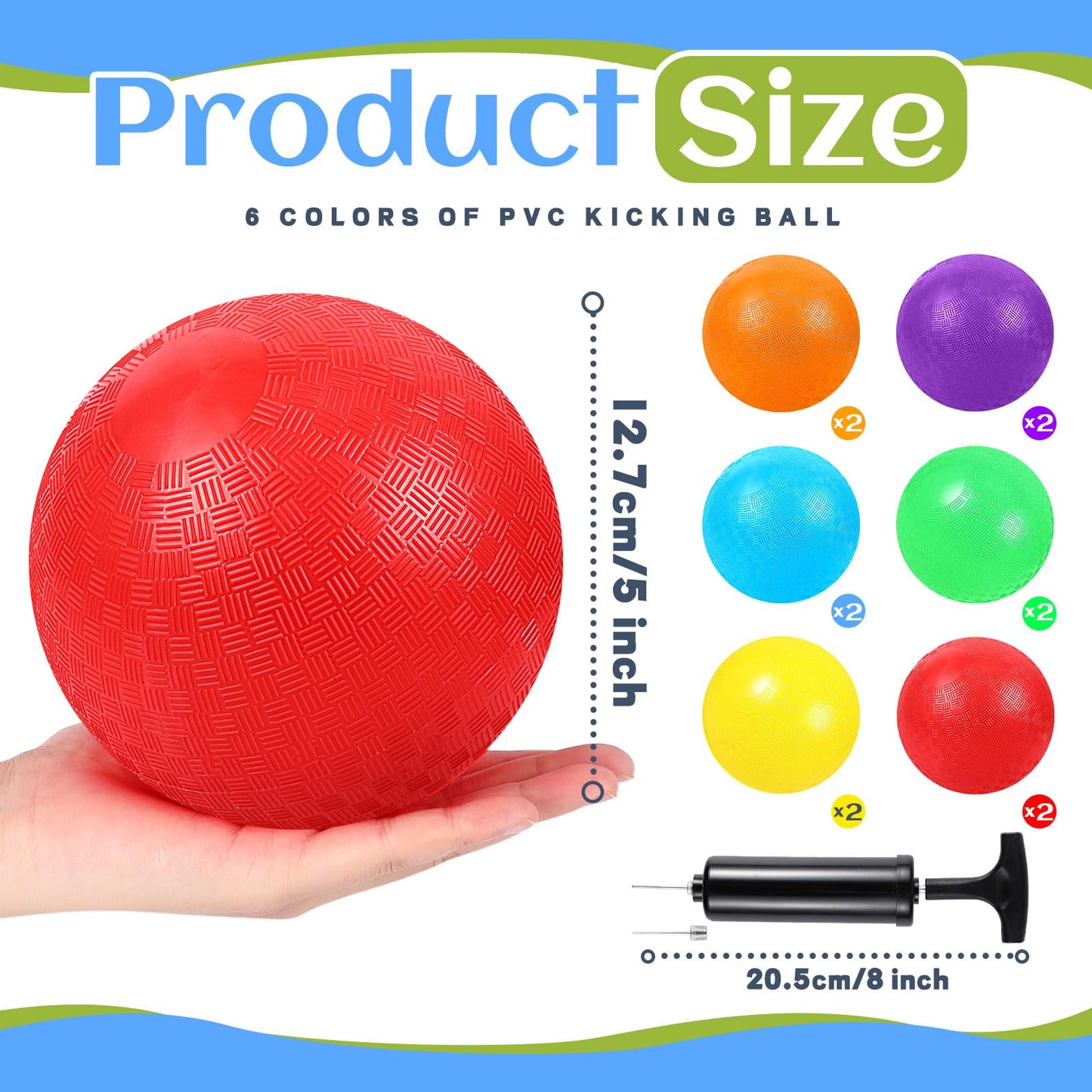 Hiboom 12 Pcs Playground Balls 5 Inch Dodgeball Playground Balls Kick Outdoor Inflatable with 1 Pcs Hand Pump for Adults Yoga Exercise Gym Schoolyard(Multi Color)