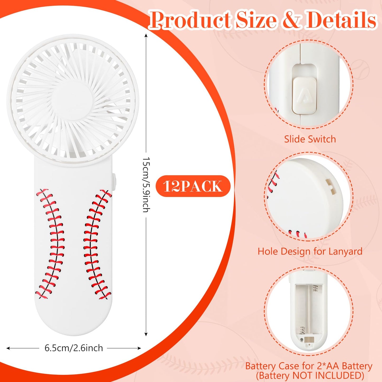 Honoson 12 Pcs Mini Portable Baseball Fan Bulk Small Personal Handheld Fan with Lanyard for Team Gift Game Outdoor Sport Party Favors, Battery Not Include(White and Red)