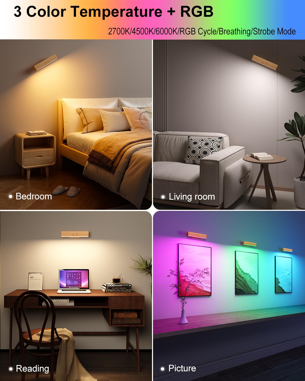 Rechargeable Wood Wall Lights (2 Pack) with Remote & Touch, 5200mAh Battery Operated Wall Sconce with 3 Color Temperatures & RGB. Magnetic, Stick-On, Dimmable Wall Reading Lamp for Bedroom, Picture