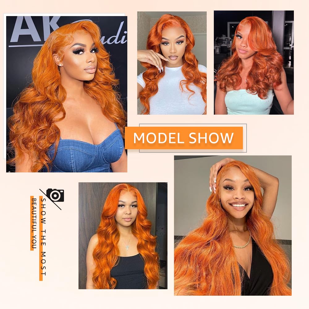 VKVL Ginger Lace Front Wigs Human Hair Pre Plucked 26 Inch 200% Density Hd Lace Front Wigs Human Hair 13x4 Ginger Orange Body Wave Lace Frontal Wigs Human Hair Colored Glueless Wigs
