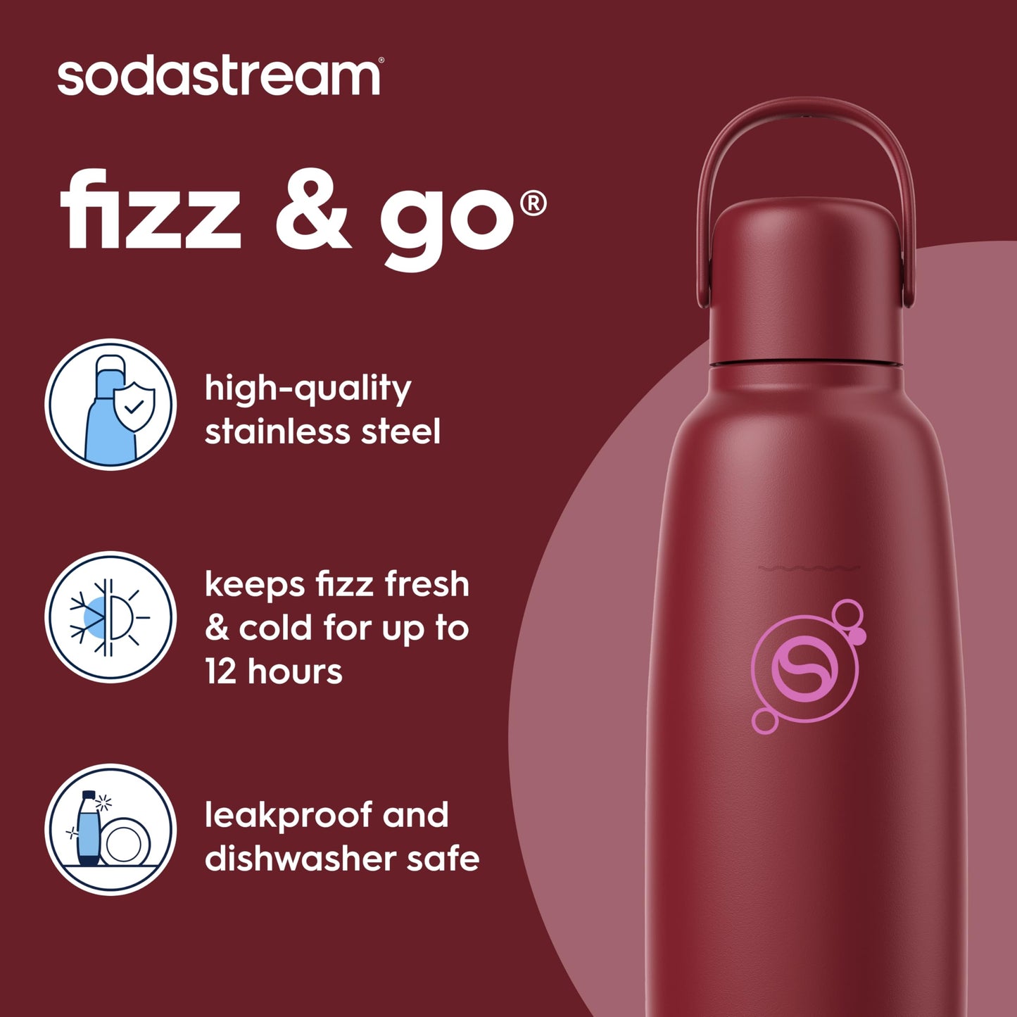 sodastream Fizz & Go Cool - All Metal Bottle (Pomegranate) Carbonating Bottle Capacity, 0.9L