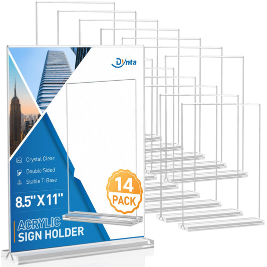 Dynta Acrylic Sign Holder 8.5 x 11 Inches 14 Pack Double Sided Clear Display Stand Vertical Table Sign Holder Plastic T Shape Document Menu Flyer Holder for Office Stores Restaurants Wedding Party