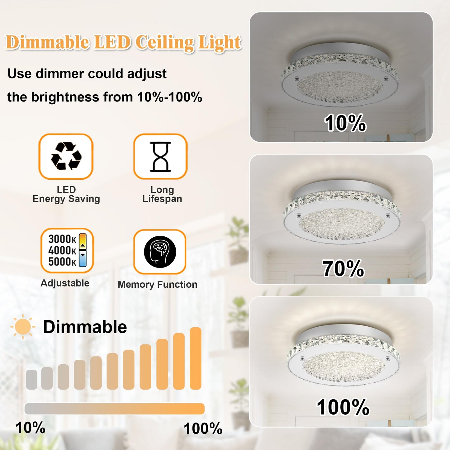 DHK wot Crystal Flush Mount Ceiling Light 3000/4000/5000K Modern Crystal Light Fixtures Ceiling Mount for Bathroom Hallway Porch Laundry Room Cloakroom 11", LED, Dimmable