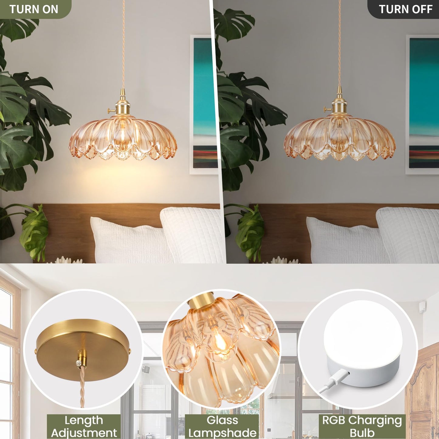 Loiogohot Battery Operated Pendant Light,Vintage Light Fixtures 2500mAh 9.8in RGB Light Bulb with Remote Control Wireless Adjustable Rechargeable Chandelier for Kitchen Island Hallway 1Light