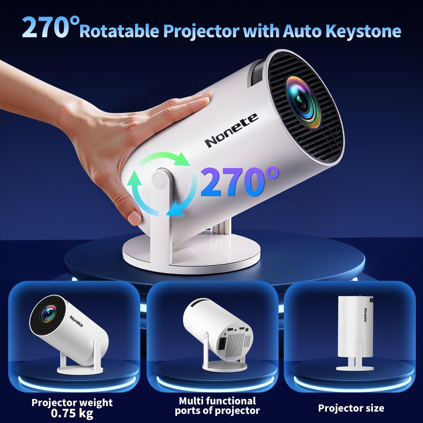 [2026 Upgraded] Mini Projector Support 4K 1080P FHD Auto Keystone 270° Rotatable with WiFi 6 and Bluetooth 5.2 Projector Portable Compatibile with HDMI/TV Stick/Memory Stick/Laptop,White
