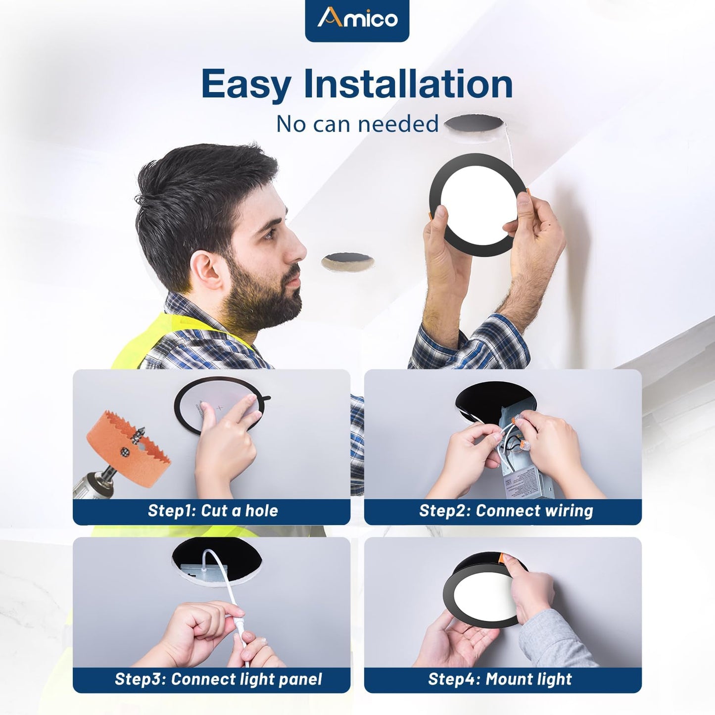 Amico 4 Pack 6 Inch Black 5CCT Ultra-Thin LED Recessed Light with Junction Box, 2700K/3000K/3500K/4000K/5000K Selectable, 12W Eqv 110W 1050LM Dimmable Canless Wafer Downlight, ETL & FCC