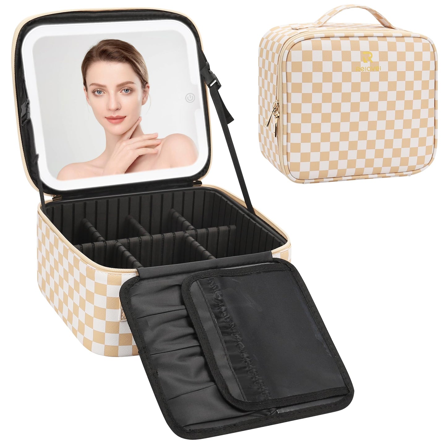 Relavel Travel Makeup Bag With LED Mirror, Cosmetic Train Case with Light up Mirror, Portable Makeup Artist Organizer Bag with Adjustable Dividers, Makeup Brush Holder Storage, Plaid