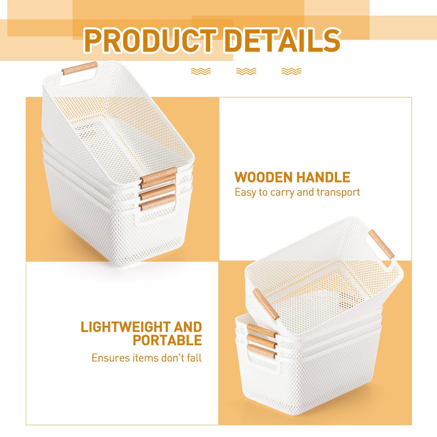 Tioncy 4 Pcs White Mesh Baskets with Wooden Handles Plastic Storage Organizer Baskets Pantry Basket Fruit Vegetables Gathering Basket Bin for Organizing Cabinet Closet Bedroom Kitchen(Large)