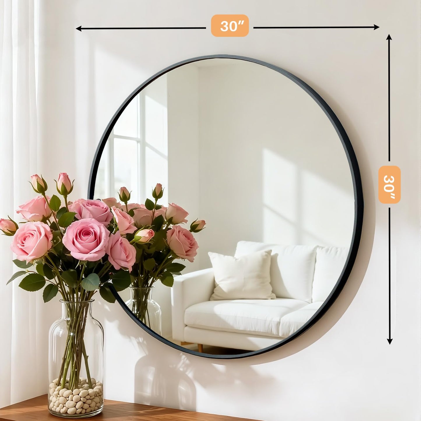Atilioo Bathroom Mirror for Wall, 30 Inch Round Mirror, Matte Black Metal Framed Circle Vanity Mirror for Bathroom Bedroom Living Room Entryway, Anti-Rust, Tempered Glass, Hanging or Leaning