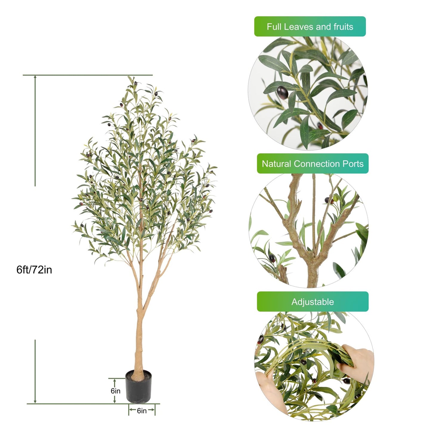 Tall Faux Olive Tree，6ft（72in） Realistic Potted Silk Artificial Olive Tree， Fake Olive Trees Indoor with Green Leaves and Big Fruits for Home Office Living Room Stairs Patio Decor.