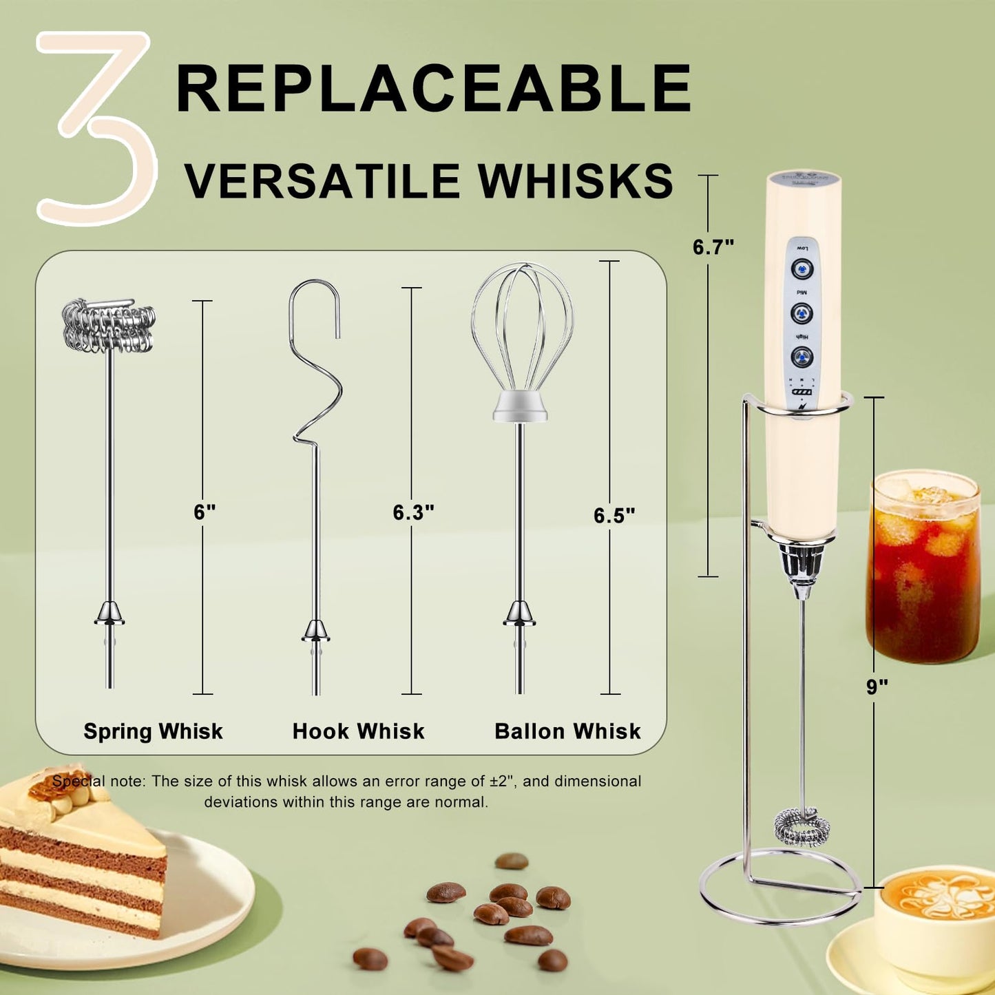 YUSWKO Beige Handheld Milk Frother Wand with Stand for Coffee, Rechargeable Electric Whisk with 3 Heads 3 Speeds Drink Mixer Coffee Frother For Latte, Cappuccino, Hot Chocolate, Egg