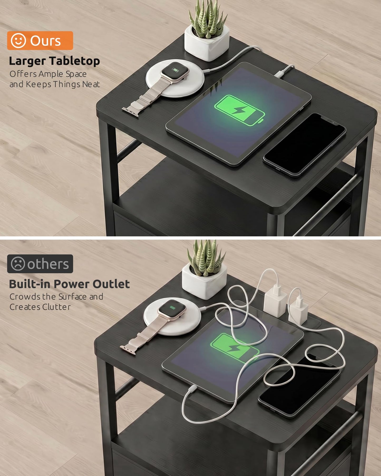 Lazzanto Nightstands Set of 2 with Charging Station, Bedside Tables with Open Shelf & Hooks, End Tables with USB-C USB-A Ports AC Outlets, Night Stand for Bedroom with Fabric Drawer, Black