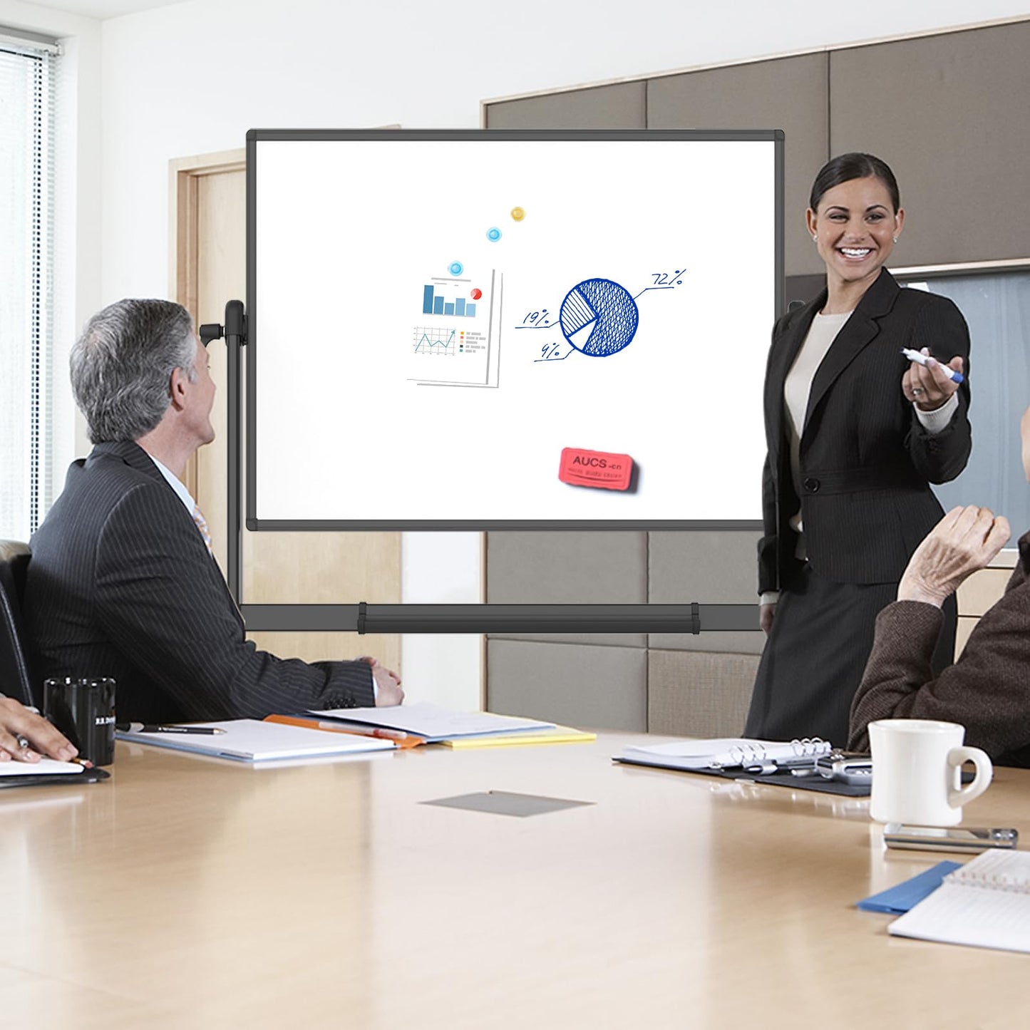 VIZ-PRO Double-Sided Magnetic Mobile Whiteboard, 48 x 36 Inches, Black Aluminium Frame and Stand