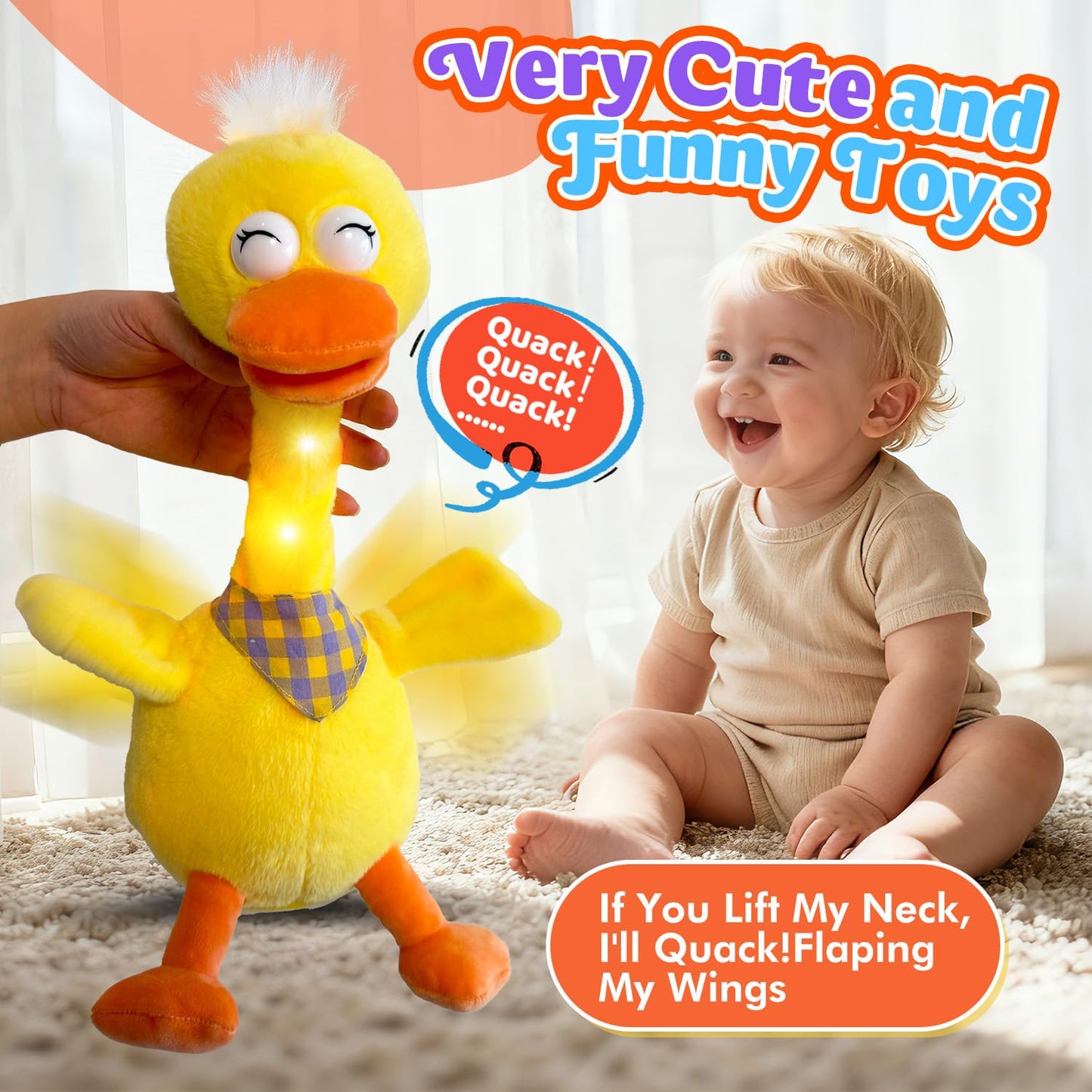 13" Talking Dancing Duck, Repeating What You Say Mimicking Recording Plush Baby Toy Musical English Songs Singing Talking Glowing Animated Twisting Gifts of Lighting Up Funny Toys for Boys Kids