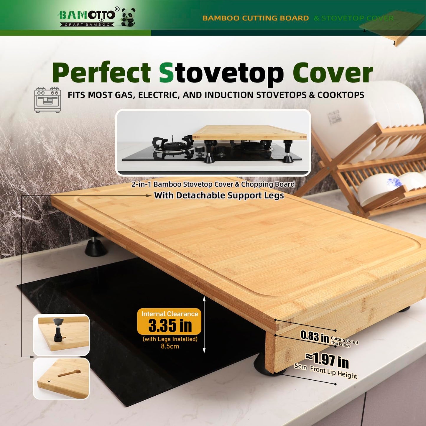 BAMOTTO CRAFTBAMBOO 16 x 22 Inch Bamboo Cutting Board, Over-the-Sink Board and Stovetop Cover with Detachable Support Legs & Front Lip, for RV Camper and Home Kitchen