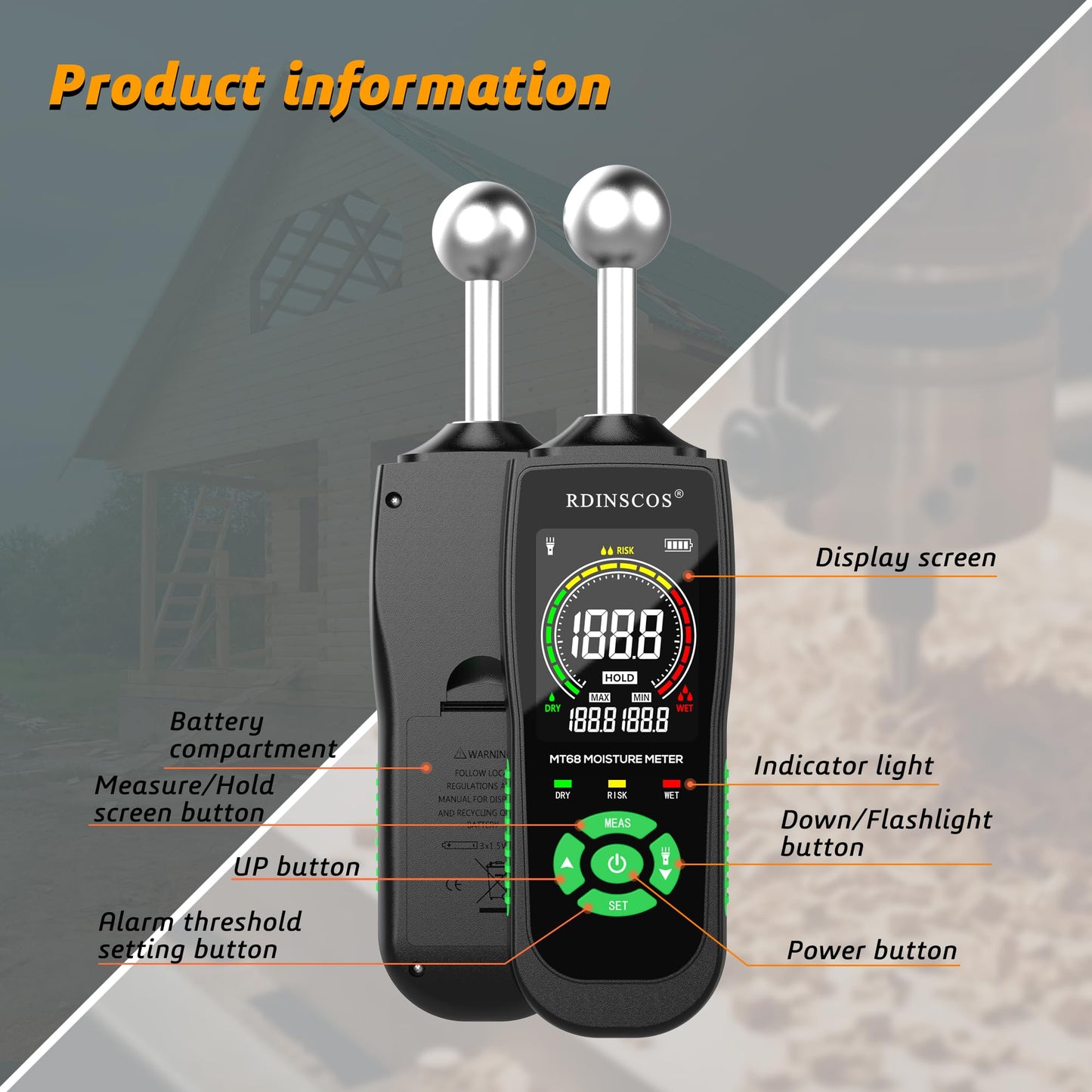 Moisture Meter for Drywall, Wood Moisture Meters for Walls, Firewood Floor Humidity Detector Lumber Humidity Tester Paper Cerimic Ceiling Firewood Cardboard Humidity Building Material