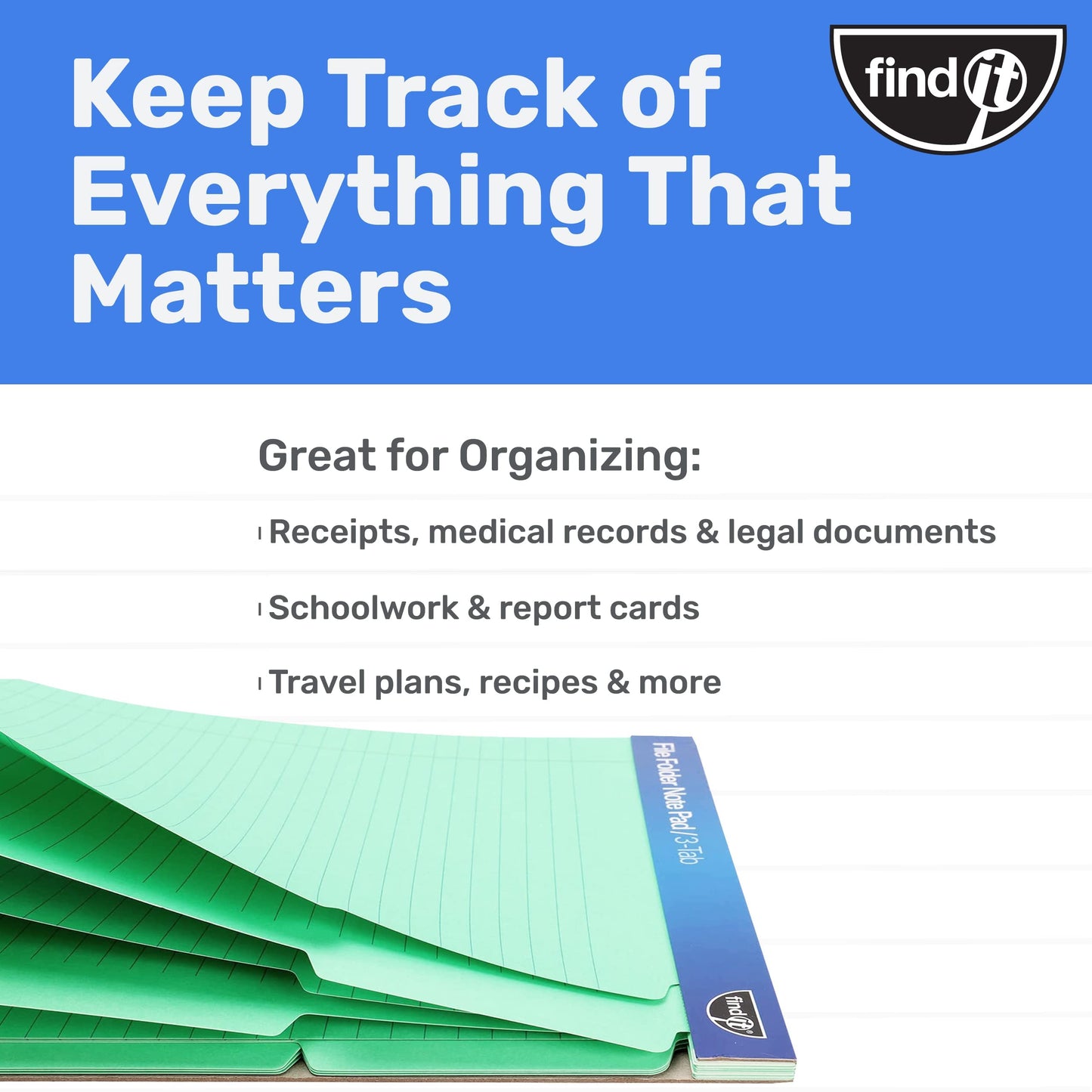Find It File Folder Notepad - Pack of 72-9.5 x 12.5 Inch Notebook Organizer Folders for Filing, Document, and Clipboard Organization - Green
