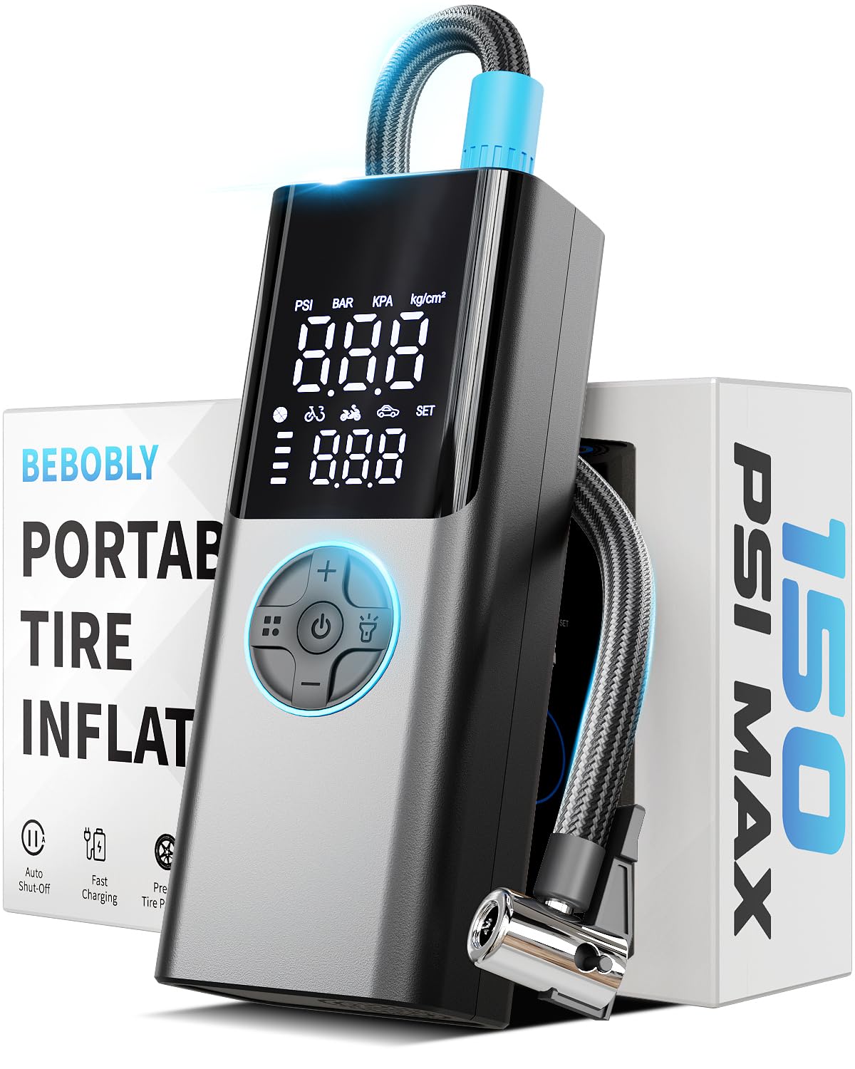 Tire Inflator Portable Air Compressor - 4X Faster & 150PSI Tire Pump For Car Moto Bike Ball - Auto Shut-Off - Fast Charge Power Bank - LED Night Light - Elderly Friendly