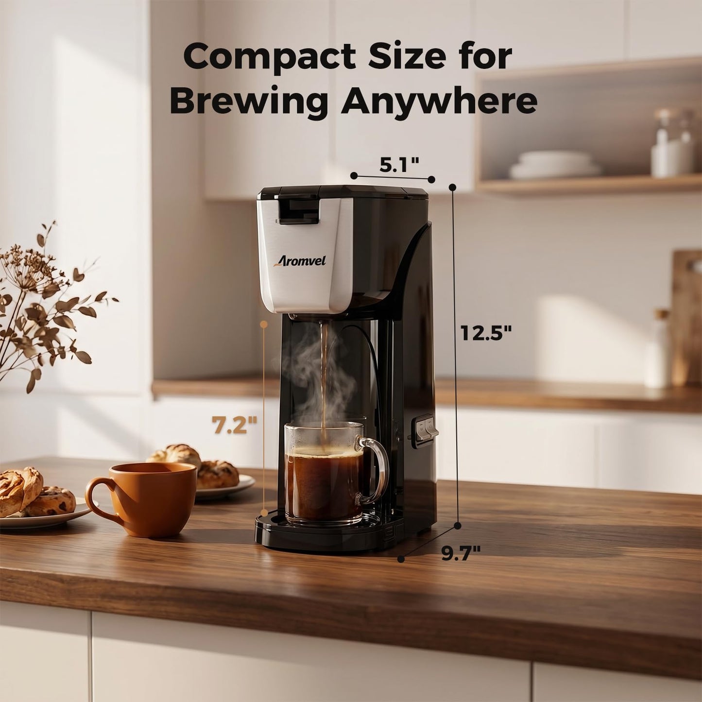 Aromvel 2-in-1 Single Serve Coffee Maker for K Cup Pods & Ground Coffee, 6 to 14 oz Brew Sizes, Compact Small Brewer with Dual Buttons, Adjustable Drip Tray for Travel Mugs, Silver