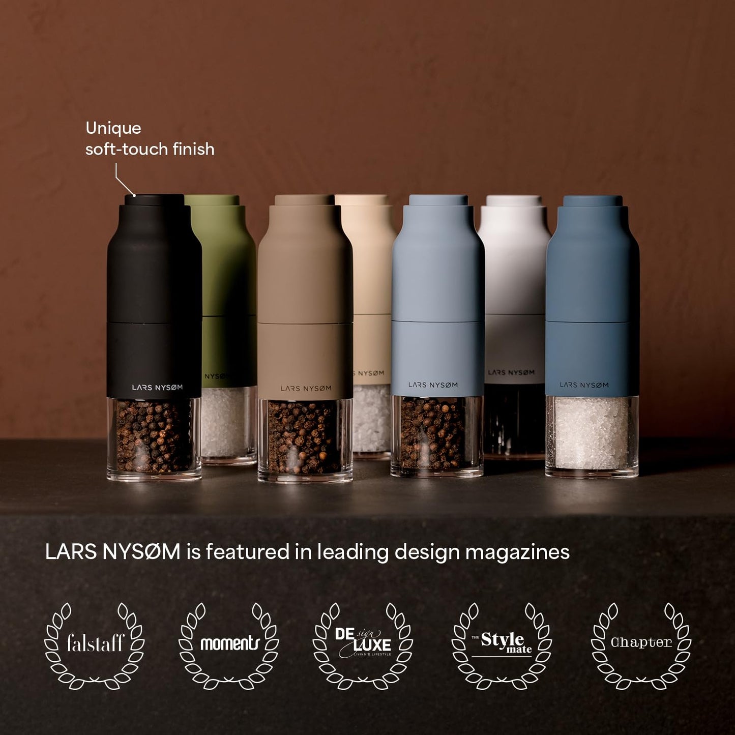 LARS NYSØM Salt and Pepper Grinder Set Stainless Steel with Adjustable Grinder I Bottle Design Spice Mills Set Manual (Carbon Black)