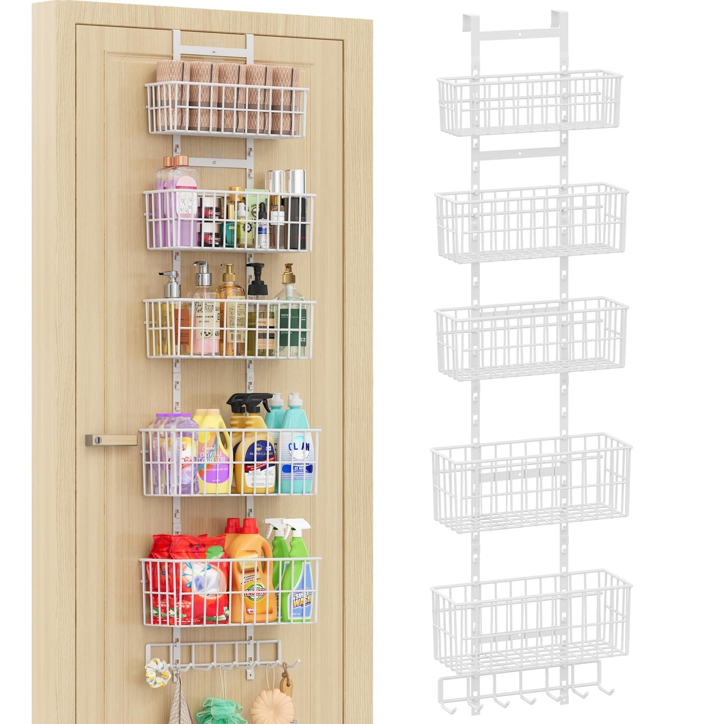 Hongtamoya Over The Door Organizer, Hanging Door Organizer with 5 Metal Baskets, Behind The Door Storage for Pantry Closet Bedroom Bathroom Cabinet Kitchen, White