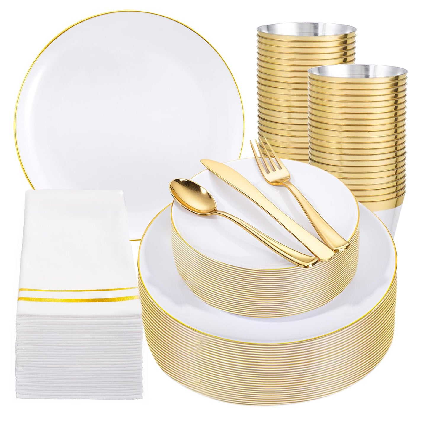 Festiva 350Pcs Gold Plastic Plates - White and Gold Dinnerware Set Disposable include 10" & 7" Plates,Cups,Silverware,Napkins -serve 50 Guests Perfect for Wedding& Easter&Birthday Party
