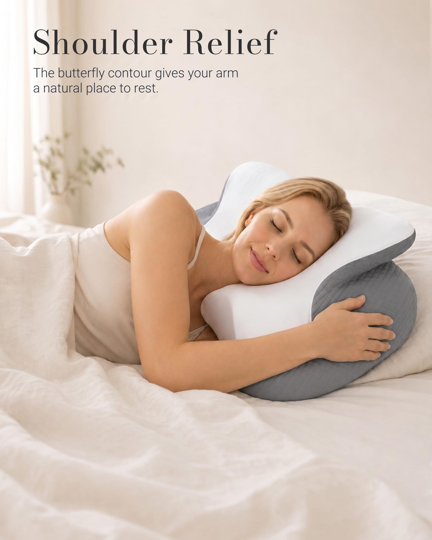 JKNJKN Cervical Neck Pillow for Neck Support, Orthopedic Memory Foam Pillow with Dual Height 4.3" & 5.1" Loft, Cooling Butterfly Contour with Arm Rest for Side and Back Sleepers