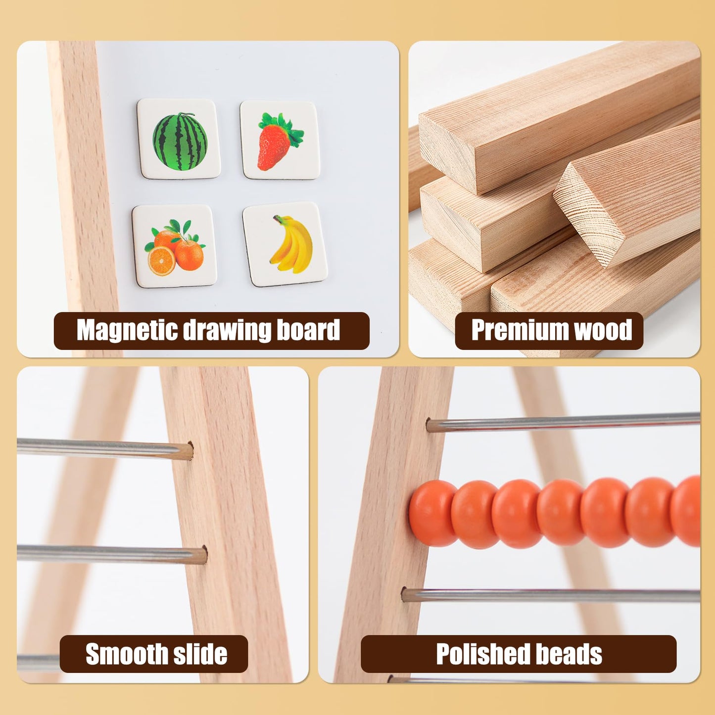 Wooden Abacus for Kids Math - Double-Sided Blackboard Whiteboard Magnetic Abacus for Toddlers with 100 Magnetic Number & Fruit Stickers - Educational Counting Games Kids Gift