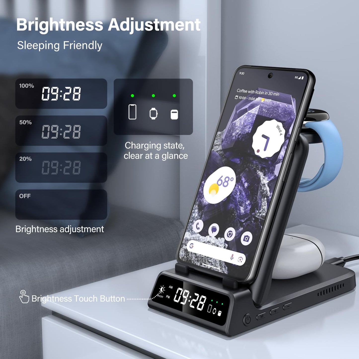SwanScout Wireless Charger Stand for Google Pixel Watch 3/2 (Not for Watch 1), Upgraded 3 in 1 Wireless Charging Station for Pixel 9 Pro/9/8/7/6/5/4, Pixel Buds Pro/2, SwanScout 703G2 (No Adapter)