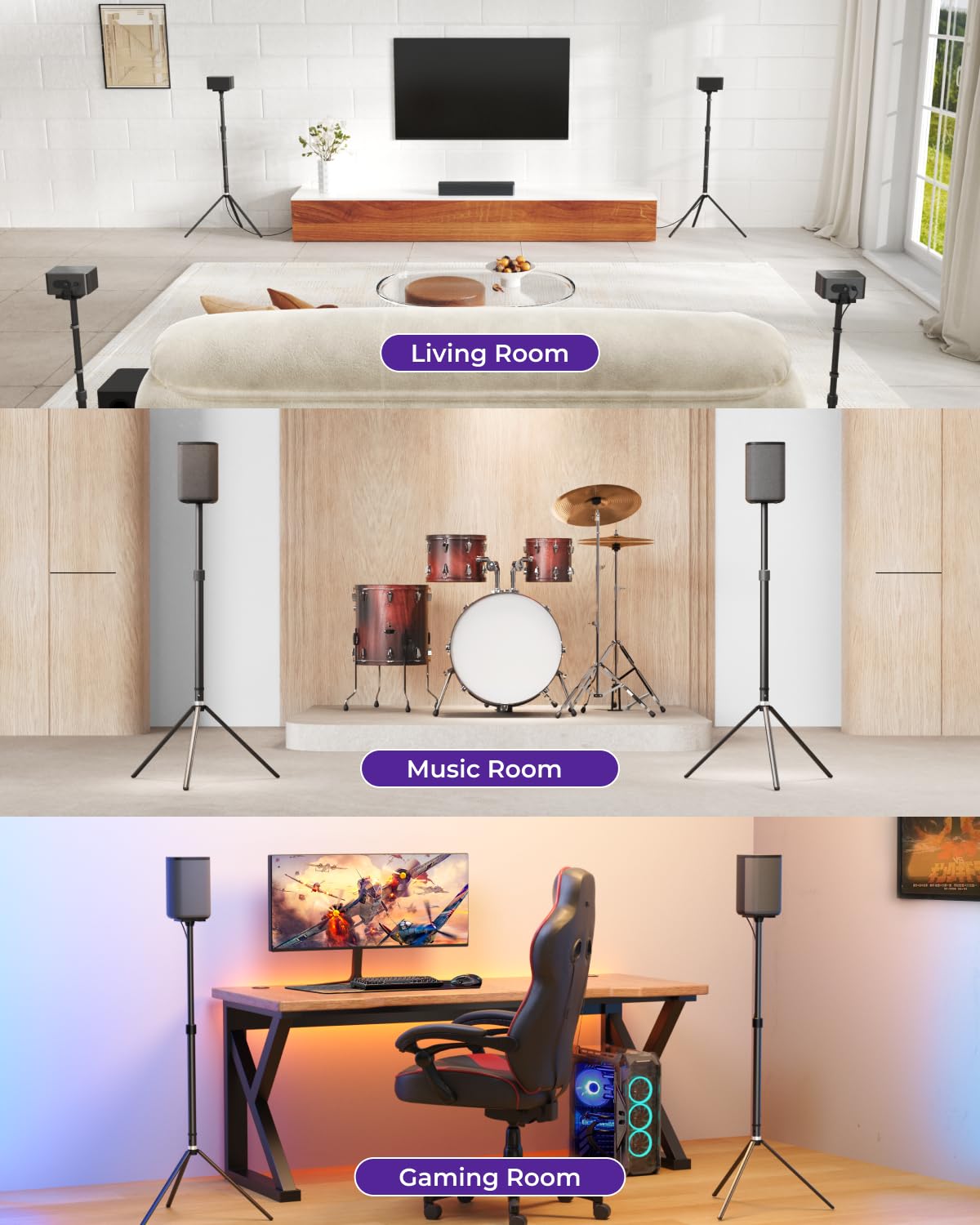 ULTIMEA Universal Speaker Stands Pair, Height Adjustable 24.4"-36.6", Fits Most Satellite & Surround Speakers, 3 Mounting Options, Holds 6.6 lbs, Easy Assembly, for Home Theater, Steady 310