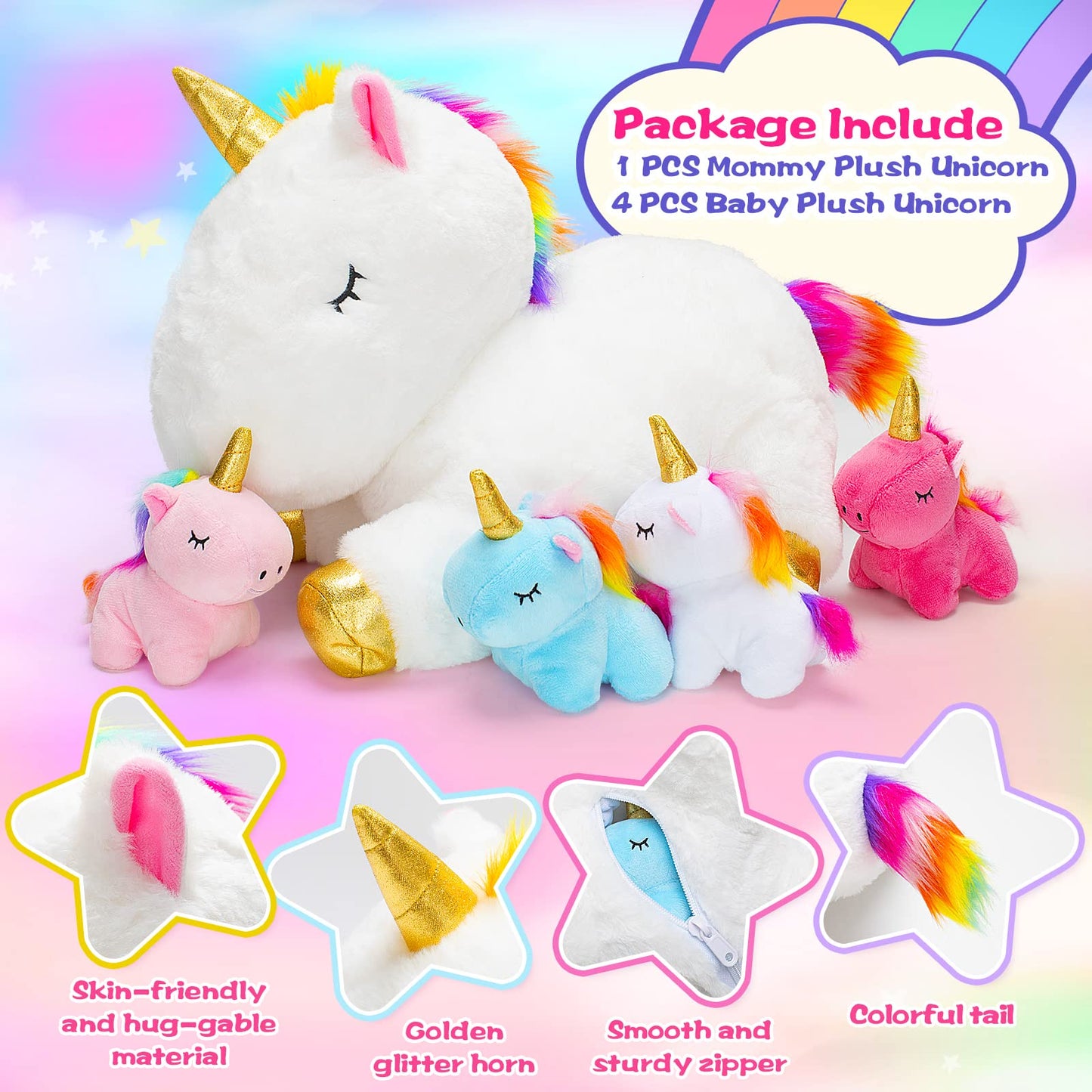 KMUYSL Unicorn Toys for Girls Ages 3 4 5 6 7 8+ Year - Unicorn Mommy Stuffed Animal with 4 Baby Unicorns in Her Tummy, Valentines and Birthday Gifts, Soft Plush Set for Baby, Toddler, Kids