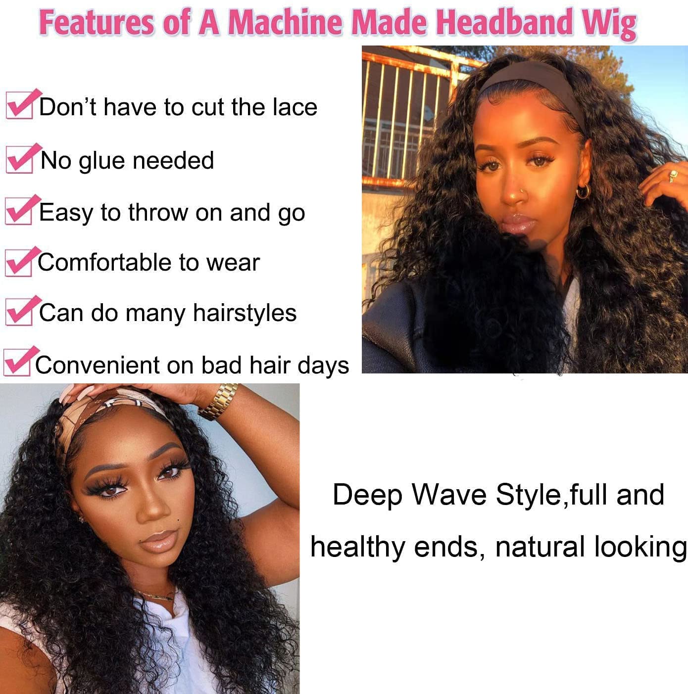 Rebasar Human Hair Headband Wig Deep Wave 18 Inch Curly Headband Wig Human Hair Wigs for Black Women Human Hair Glueless No Lace frontal Brazilian Virgin Hair Black Wear and Go Wig with Headband
