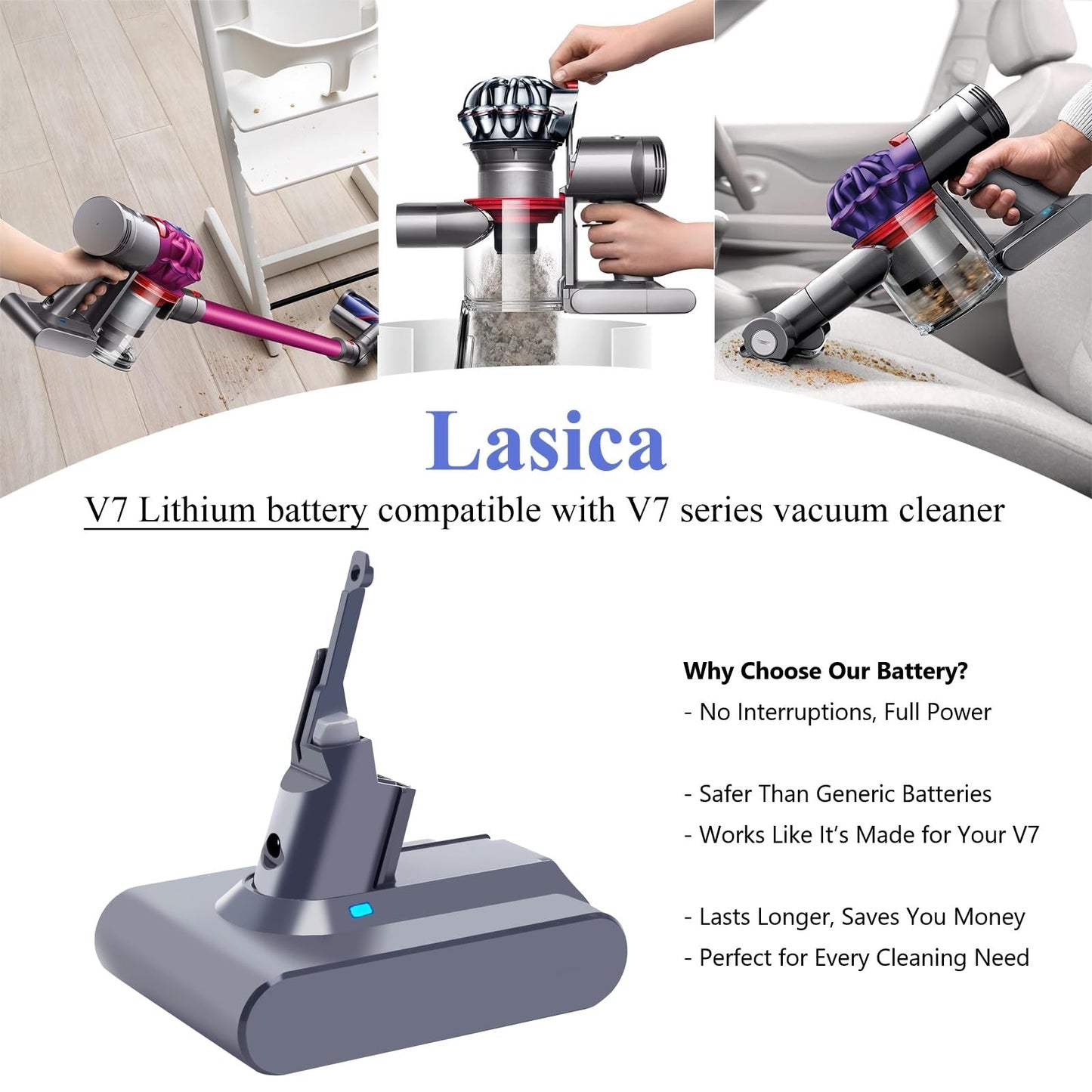 Lasica Compatible with Dyson V7 SV11 Replacement Battery, Compatible with Dyson V7 Series - V7 Motorhead, V7 Animal, V7 Absolute, V7 Allergy, V7 Trigger Cordless Stick Vacuum Battery
