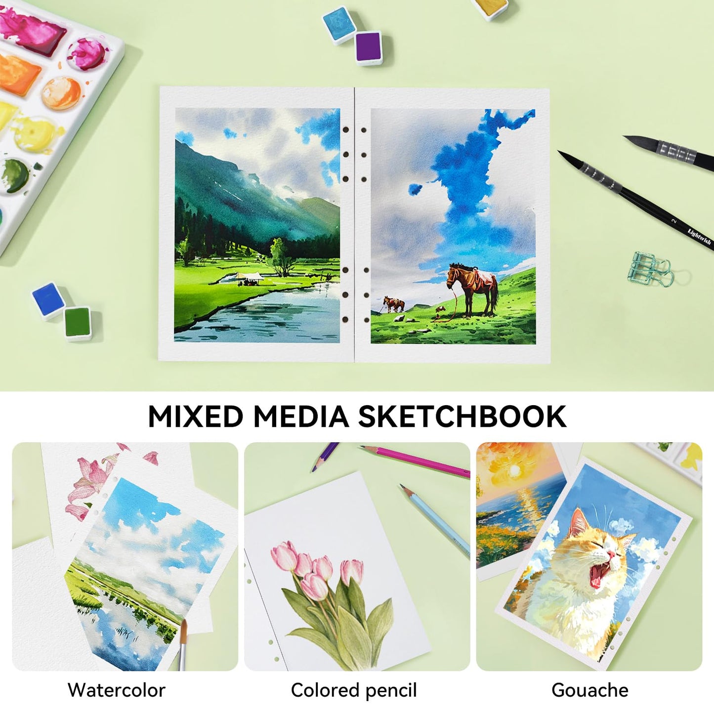 LIGHTWISH Watercolor Paper Bulk, 100% Cotton Cold Press 600gsm, 2 Pack, Total 24 Sheets A5 hole-punched Replaceable Paper for Artists, Adults,Students,5.5 * 8.2 Inches