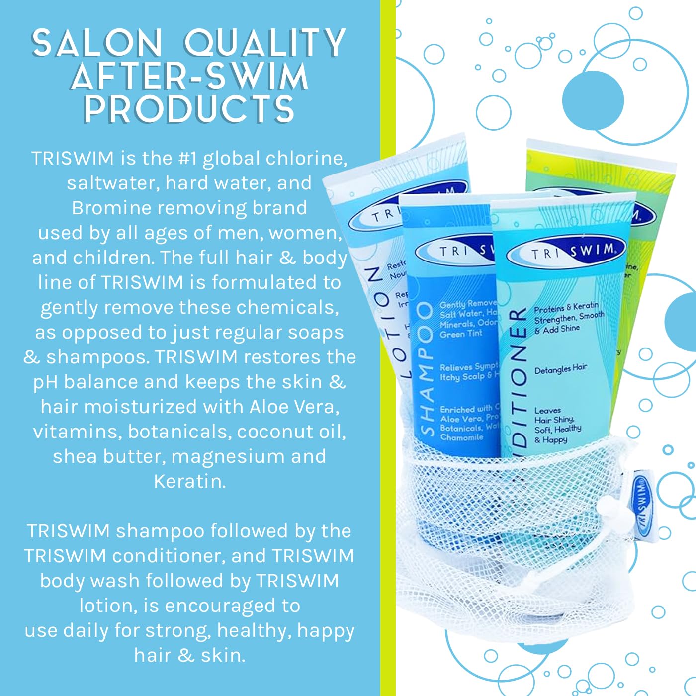 TRISWIM Gift Set Value Pack of 4 + Mesh Bag Travel Kit Swim Care Chlorine Removal Body Wash + Swimmers Shampoo + Conditioner and Lotion 8.5 fl oz for Hydrated Skin and Healthy Hair