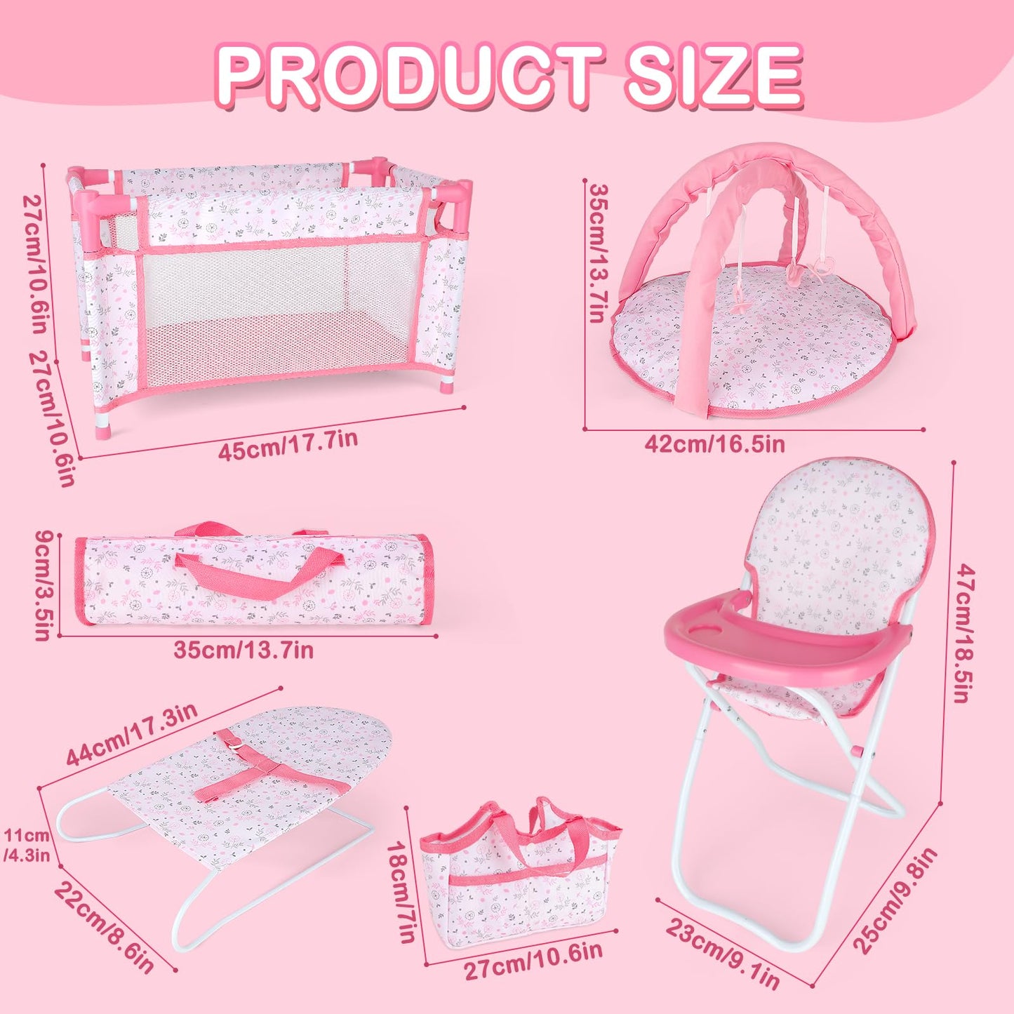 deAO Baby Doll Accessories Baby Doll Playset Doll High Chair Baby Doll Crib Bed Play Mat Storage Bag Handbag Wing - 6 in 1 Pink Dolls Playset with Furniture Toys for 12-14’’ Dolls