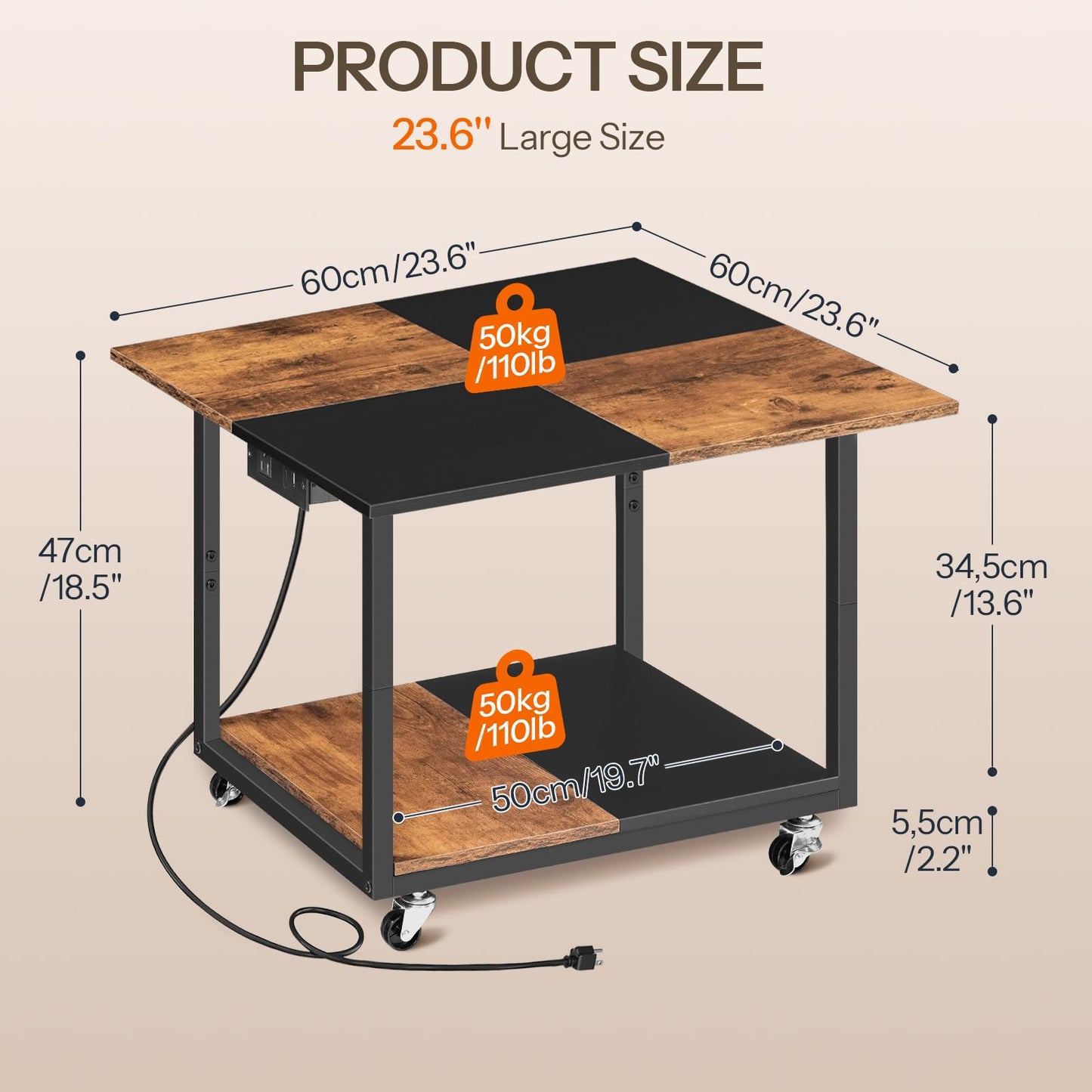 HOOBRO 23.6"×23.6" Large Printer Stand, Printer Table with Charging Station, Printer Cart on Wheels, Rolling Cart, for Office, Living Room, Rustic Brown and Black BF14UPS01
