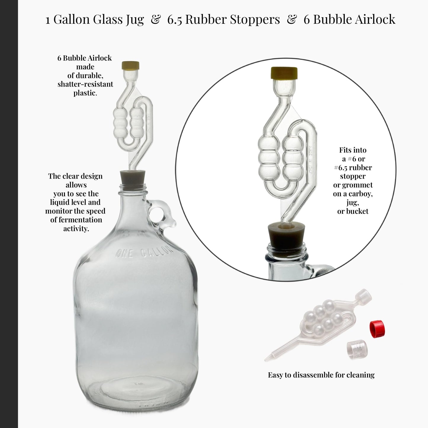 North Mountain Supply 1 Gallon Glass Fermenting Jug with Handle, 6.5 Rubber Stopper, 6-Bubble Airlock, 2-Piece Airlock & Black Plastic Lid - Set of 4