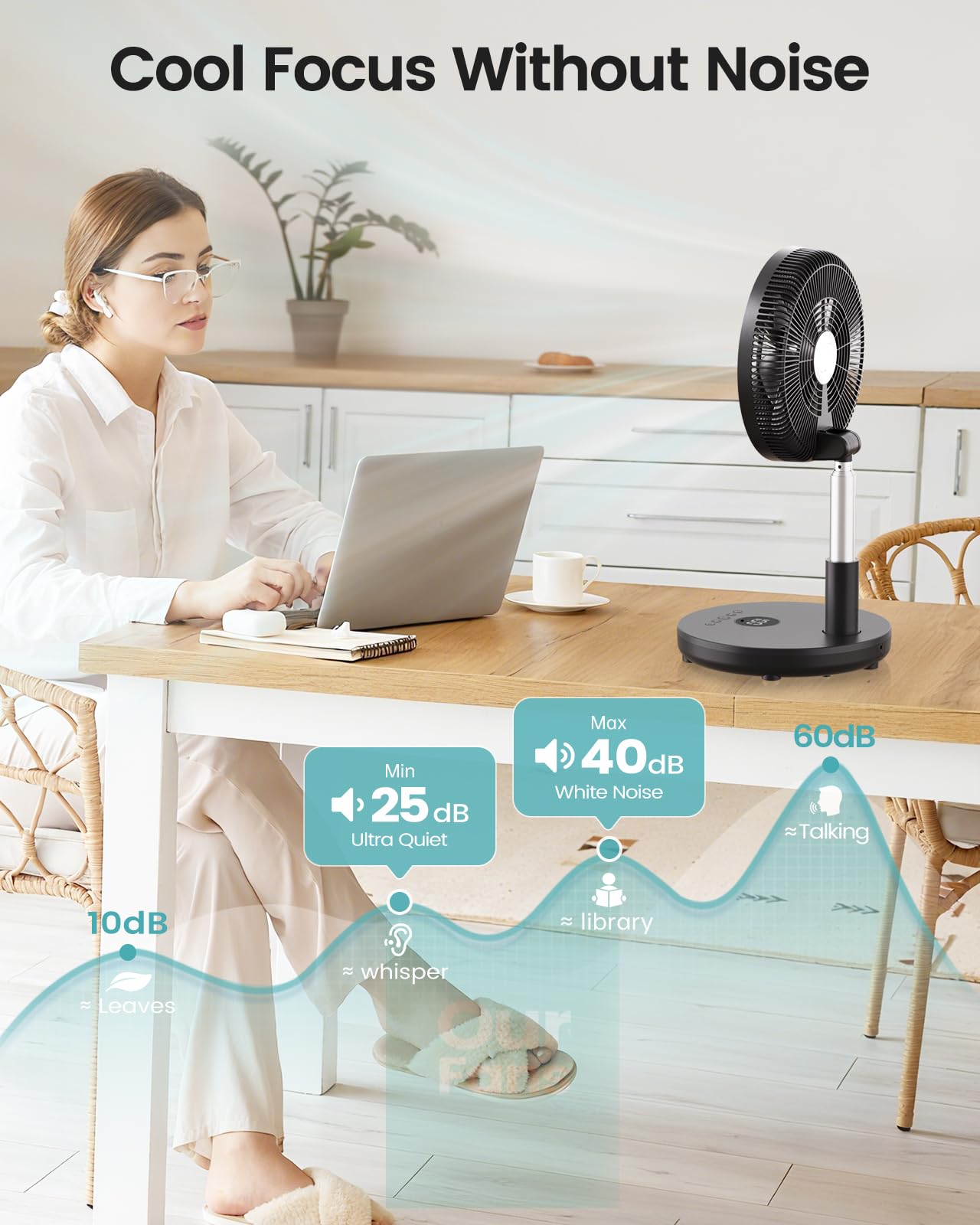 TriPole Foldable Standing Fan 12" Portable Rechargeable Battery Pedestal Fan with Remote, Timer Setting, Height Adjustable, for Home Office, 6 Speed, 12000mAh (Black)