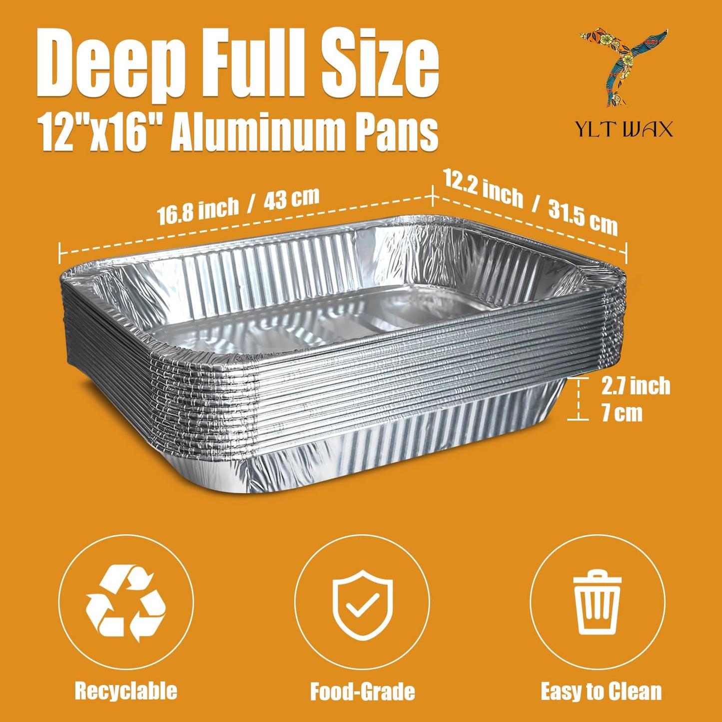YLT WAX 12x16 Aluminum Foil Pans, 15 Pack Disposable Full Size Large Baking Pan for Roasting, Restaurants, Cooking, Heating, Buffets
