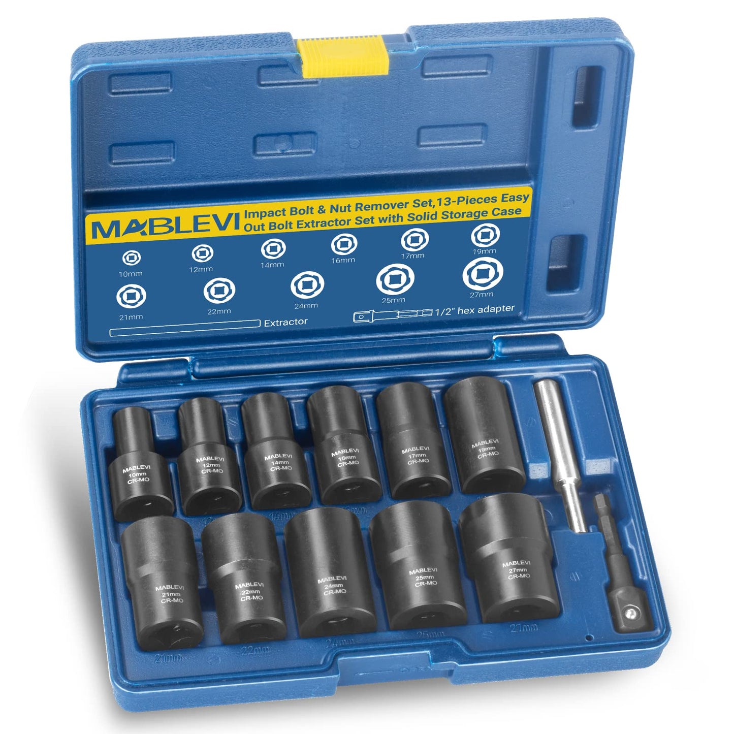 MABLEVI 13 PCS Bolt Extractor Set, 1/2" Drive Impact Lug Nut Remover Socket Tool with Center Punch Bar for Damaged, Frozen, Studs, Rusted, Rounded-Off Bolts & Screws