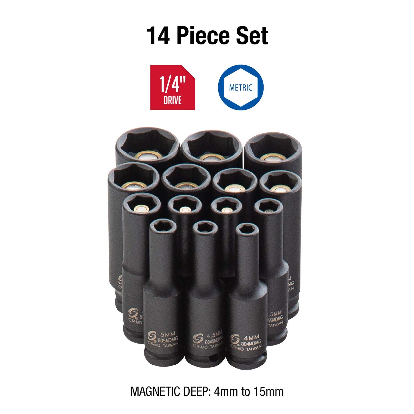 SUNEX TOOLS 1831, 1/4 Inch Drive Deep Magnetic Impact Socket Set, 14-Piece, Metric, 4mm - 15mm, Cr-Mo Alloy Steel, Heavy Duty Storage Case, Meets ANSI Standards