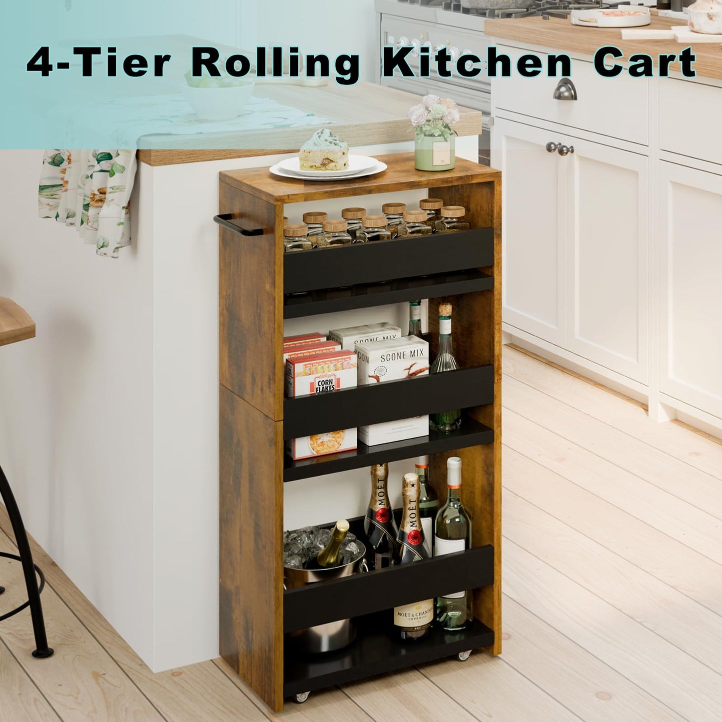 MARTY Rolling Storage Cart 7.9" W, 4-Tier Narrow Kitchen Cart with Wheels Handle, Slim Storage Mobile Shelving Utility Carts for Bathroom Laundry Room Organization Small Spaces(Rustic Brown)