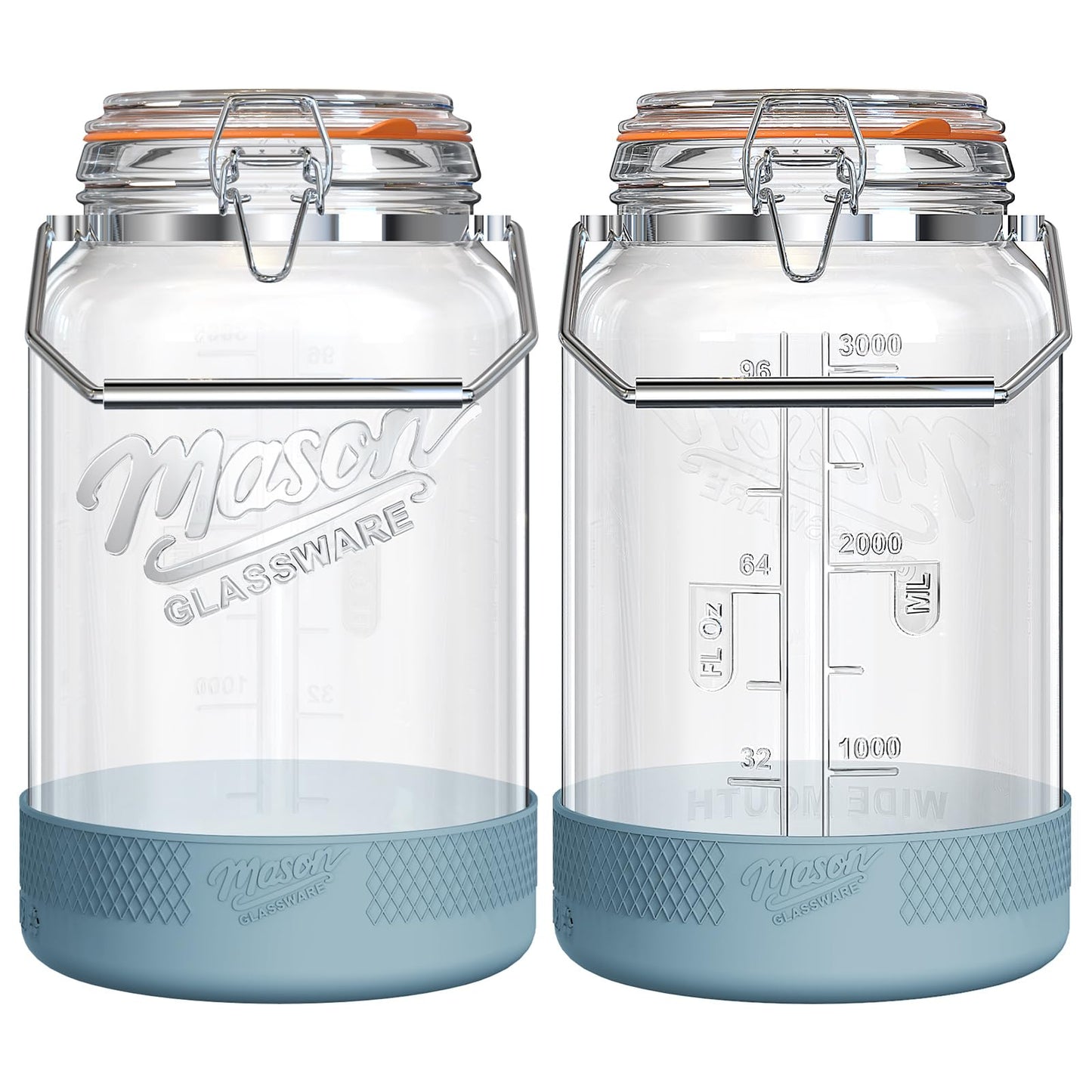 Dwbligt 2 Packs 1 Gallon Glass Jars with Airtight Lids, Wide Mouth Mason Jars with Clip Top & Stainless Steel Handle & Silicone Base, Glass Storage Containers for Kitchen Storage, Pickling-Dual Scale
