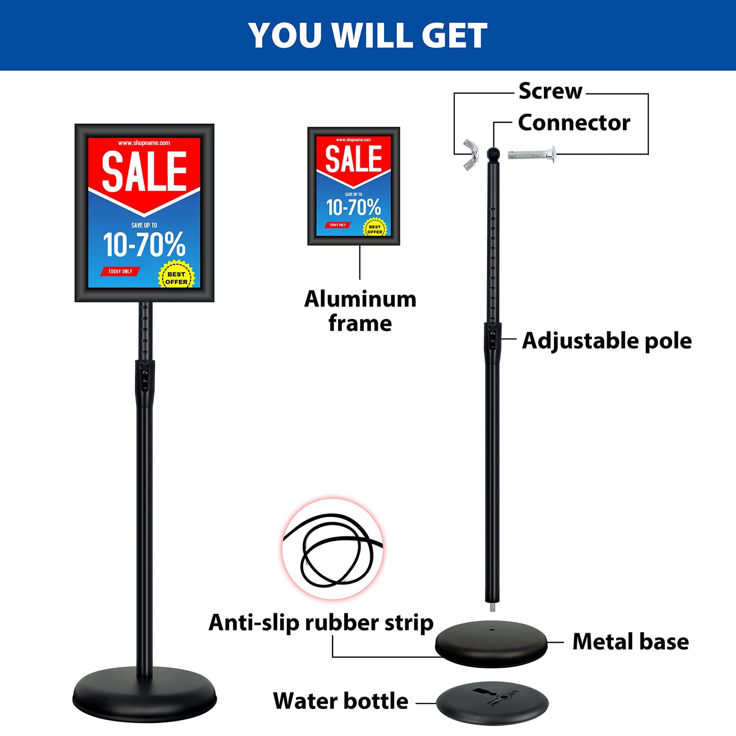 VAIIGO 2Pack 8.5x11 Inch Adjustable Pedestal Poster Sign Stand, Heavy Duty Floor Standing Sign Holder Stand Aluminum Snap Open Frame for Vertical and Horizontal View Sign Displayed(Black)