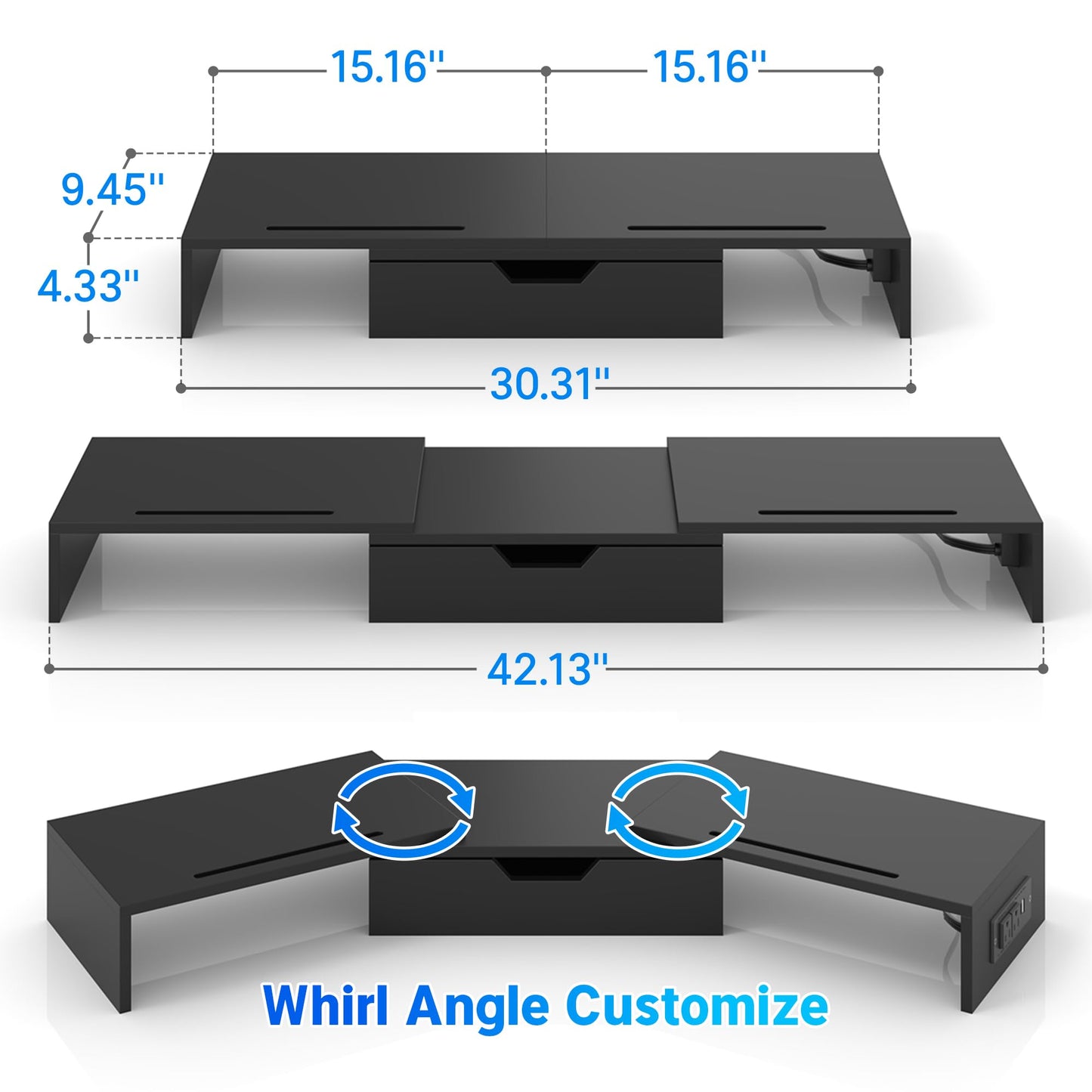 Elephance Dual Monitor Stand with USB Ports,Wood Computer Monitor Stand Riser with Drawer,Adjustable Desk Shelf,Desk Organizer for Computer,Laptop,No Assembly Required,Black