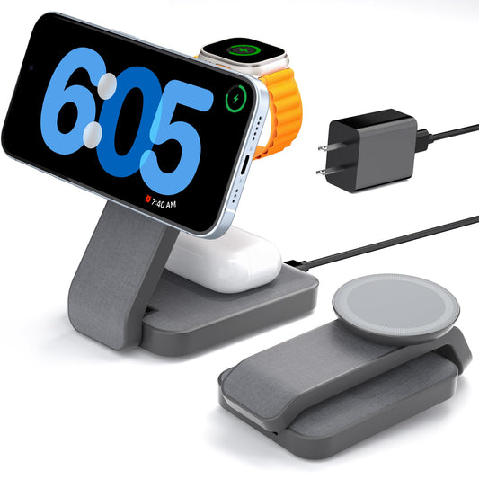 eazpower 3 in 1 Foldable Wireless Charging Station for MagSafe, Travel Magnetic Charger Stand for iPhone 16 15 14 13 Pro Max, Nightstand Charging Dock with Night Light for Apple Watch/AirPods